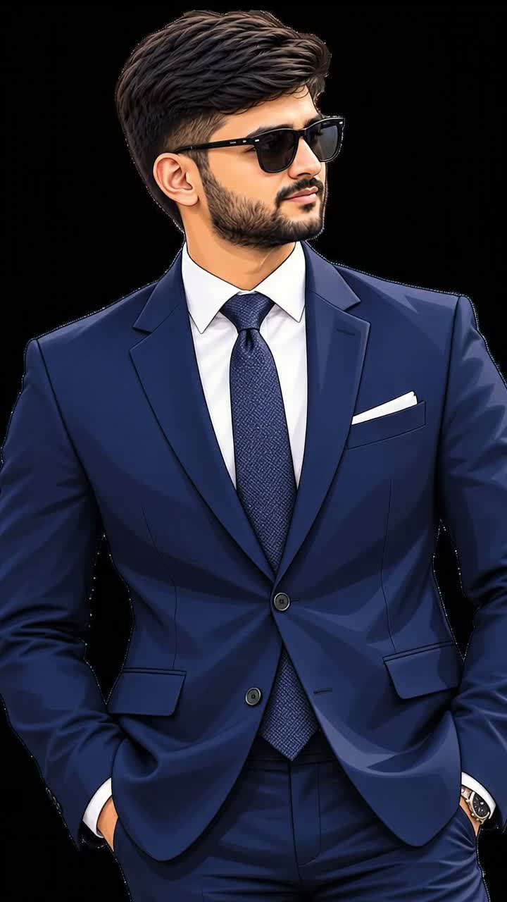 Portrait artwork of Ayush Patel in a navy suit