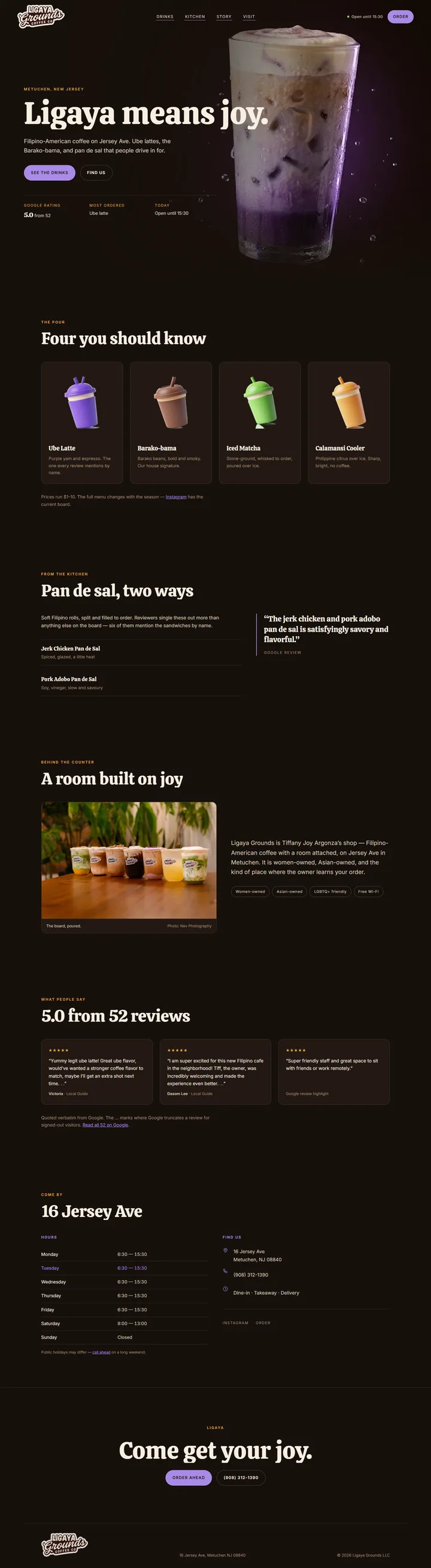 Ligaya Grounds café website, full page