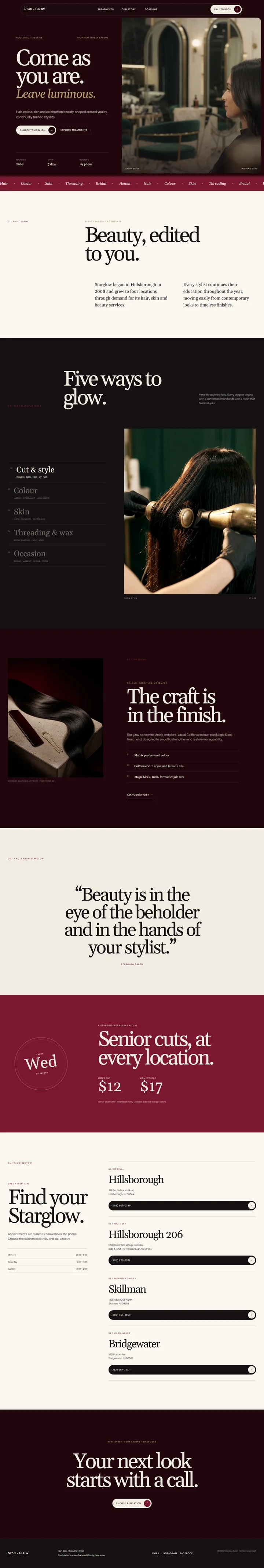 Starglow salon website in deep oxblood tones, full page